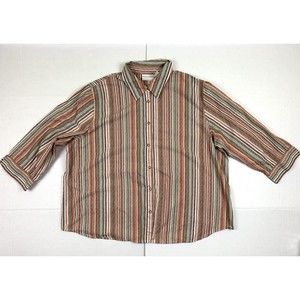 Alfred Dunner Woman Size 22W Red White Green Striped Button Up Shirt Long Sleeve